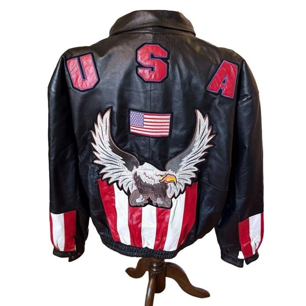 Diamond Plate USA American Flag Eagle Black Leather Biker Jacket Size 3XL